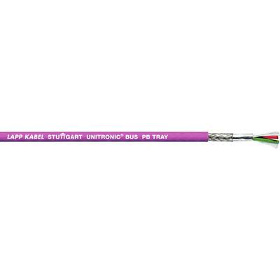 Kabel Lila s nápisem 'LAPP KABEL STUTTGART UNITRONIC BUS PB TRAY' ukazuje vícevodičový stíněný komunikační kabel.
