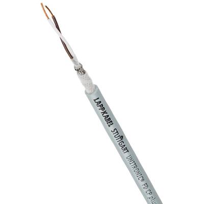Šedý stíněný kabel se dvěma měděnými vodiči. Nápis: 'LAPPKABEL STUTTGART UNITRONIC® FD CP plus'.