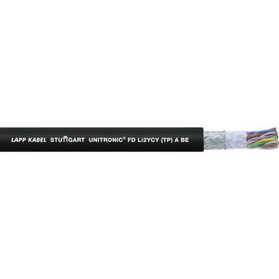 Černý kabel s popiskem 'LAPP KABEL STUTTGART UNITRONIC® FD Li2YCY (TP) A BE', částečně otevřený plášť kabelu vpravo odhaluje barevné vodiče.