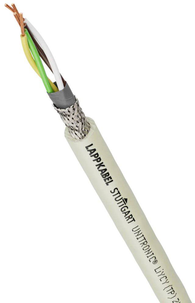 Vícedrátový kabel s odizolovaným koncem. Na plášti kabelu je napsáno 'LAPPKABEL STUTTGART UNITRONIC LIYCY TP'.