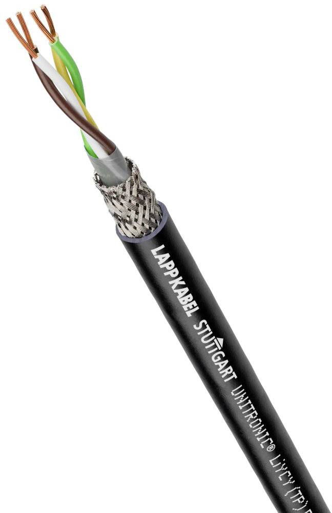 Černý kabel s odhalenými vodiči na jednom konci, typicky používaný pro přenos dat; na povrchu je viditelné označení LAPPKABEL.