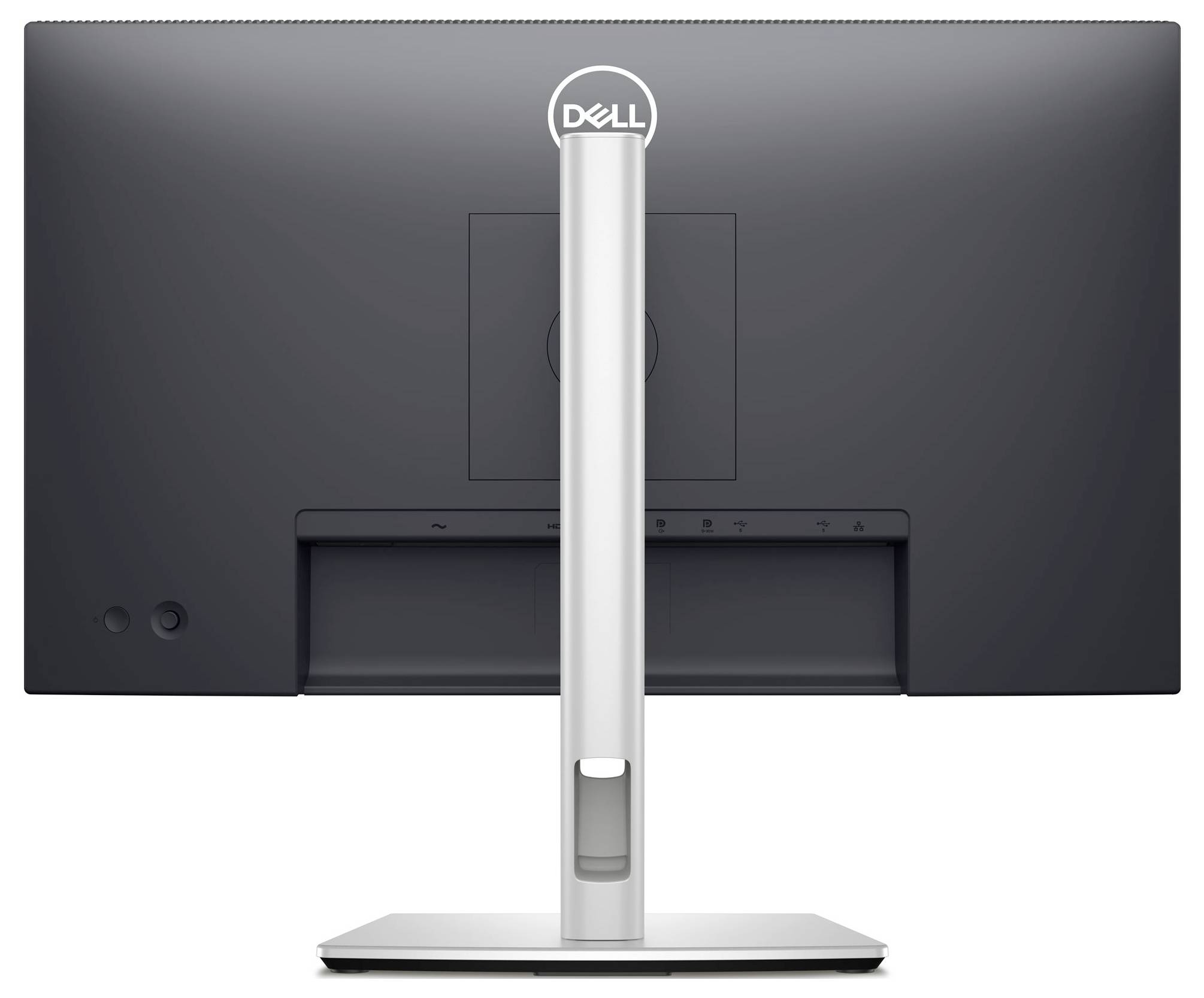 Pohled zezadu na počítačový monitor Dell se stříbrným stojanem. Nahoře na obrazovce je viditelné logo Dell.