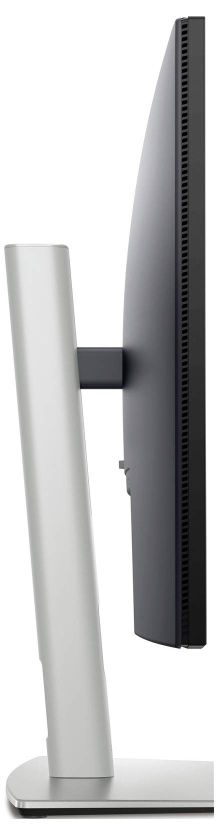 Boční pohled na štíhlý počítačový monitor s minimalistickým designem, stříbrný stojan.