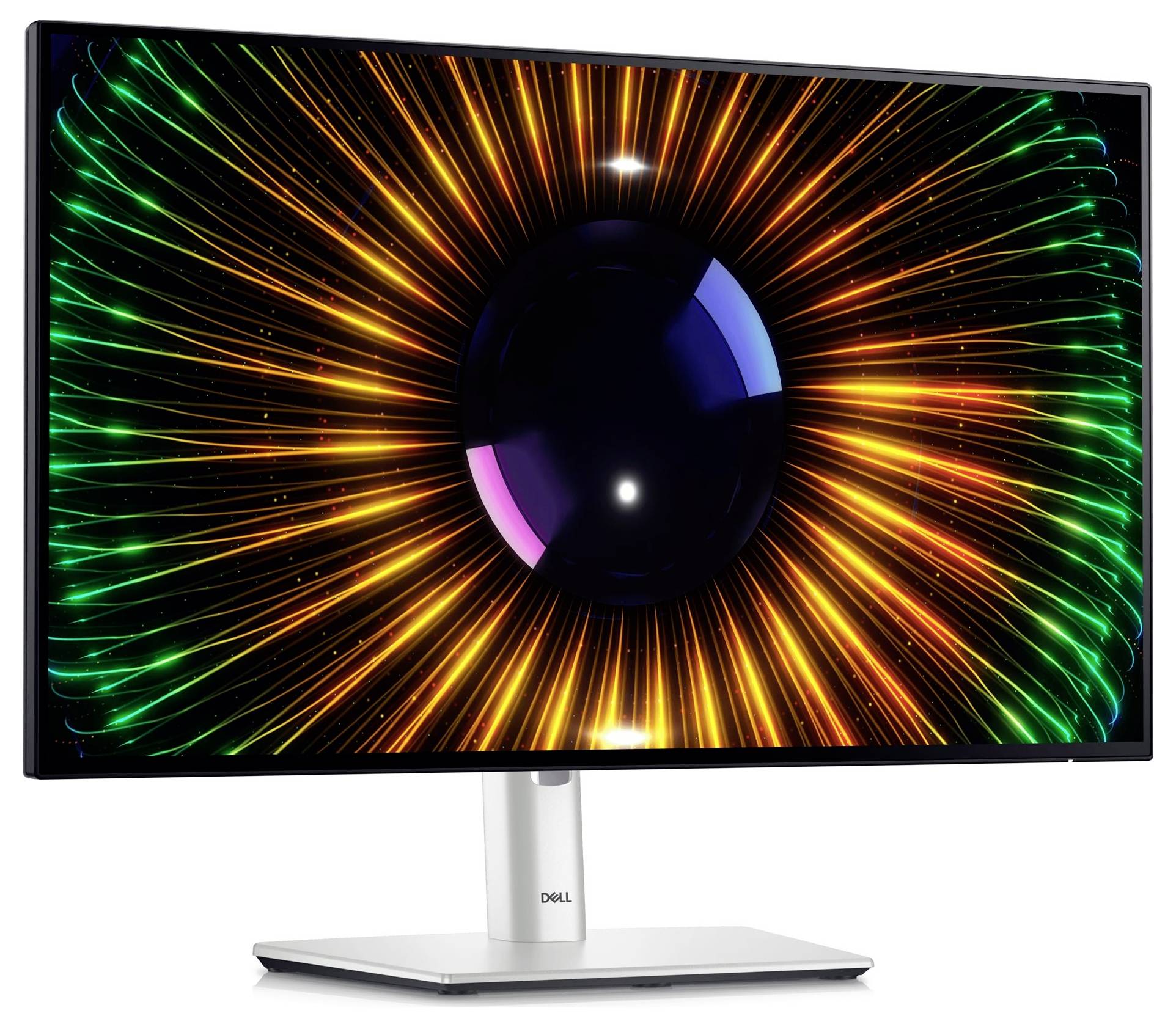 Dell monitor zobrazuje barevný, abstraktní vzor s soustřednými kruhy vyzařujícími z centrálního bodu.