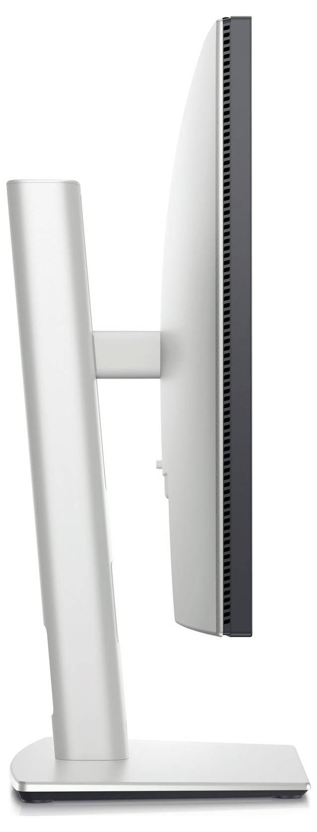 Stříbrný počítačový monitor z boku, ukazující tenký design a stabilní podstavec.