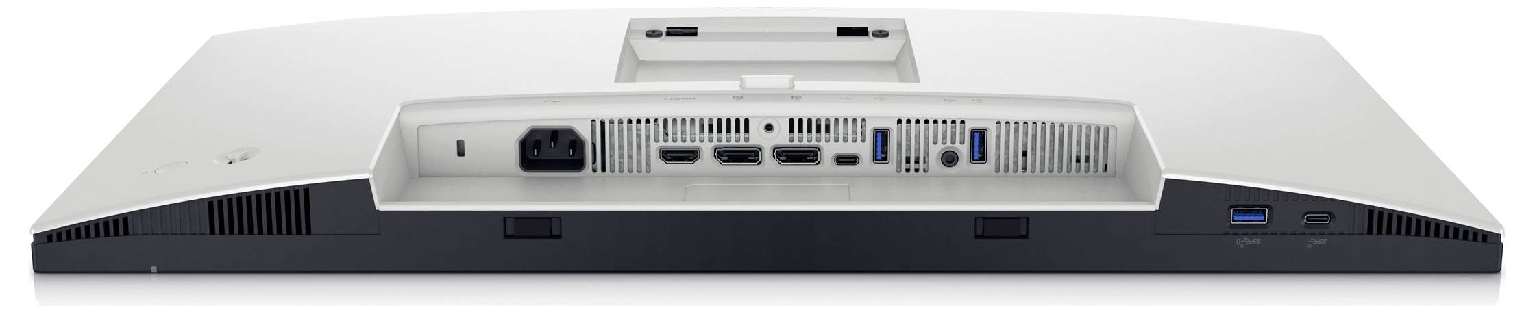Zadní strana počítačového monitoru s konektory: HDMI, DisplayPort, USB, napájecí konektor. Kompatibilní s několika zařízeními.