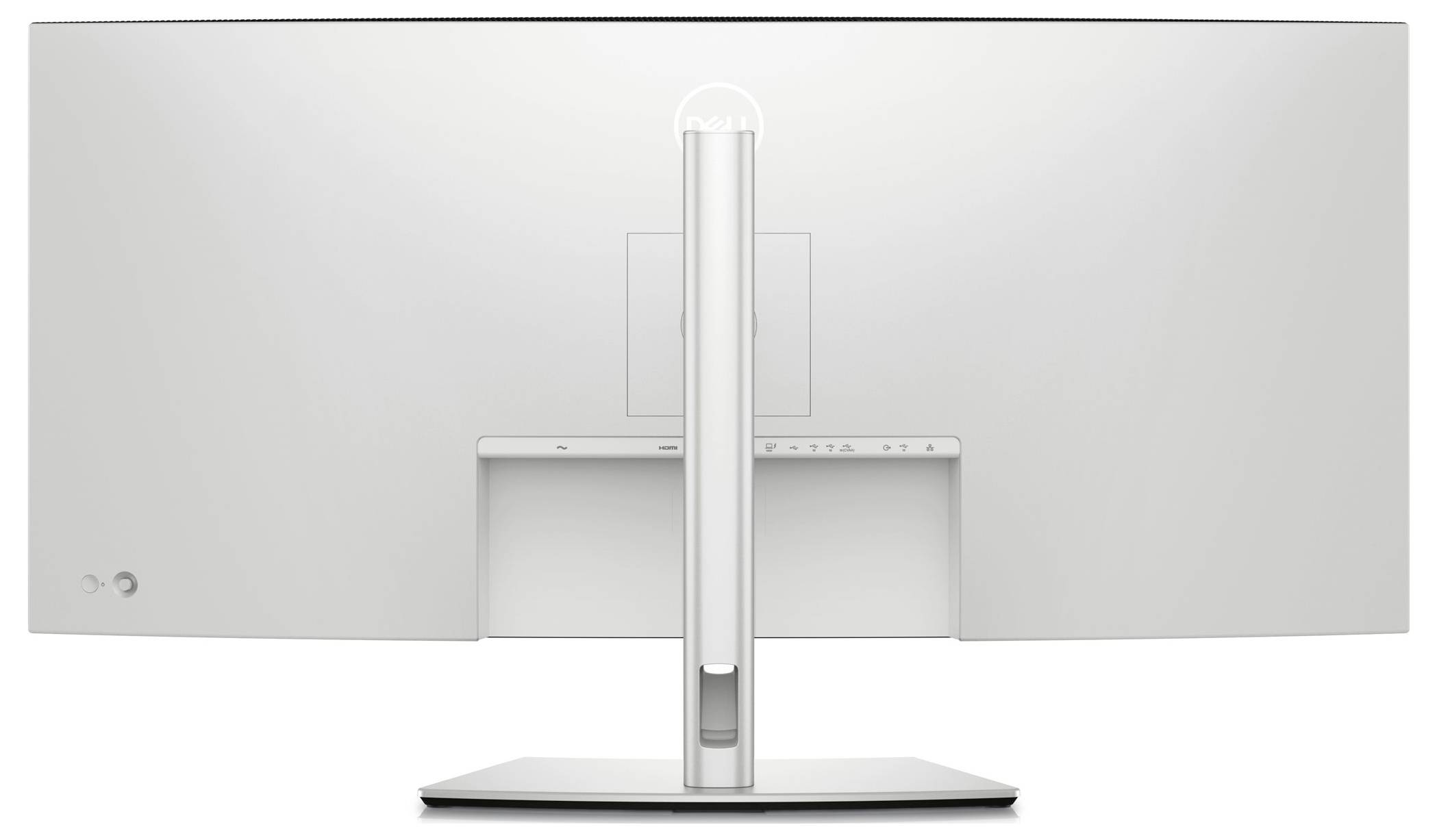Pohled zezadu na bílý monitor na stojanu se zřetelnými konektory a štíhlým designem.