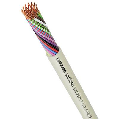 Bílý kabel s četnými barevnými izolovanými vodiči vyčnívajícími z jednoho konce. Na kabelu je napsáno 'Lappkabel Stuttgart UNITRONIC'.