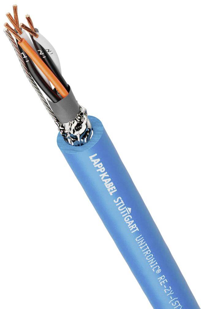 Modrý kabel Lapp s viditelnými měděnými vodiči a krytem. Potisk udává 'LAPPKABEL STUTTGART UNITRONIC'.