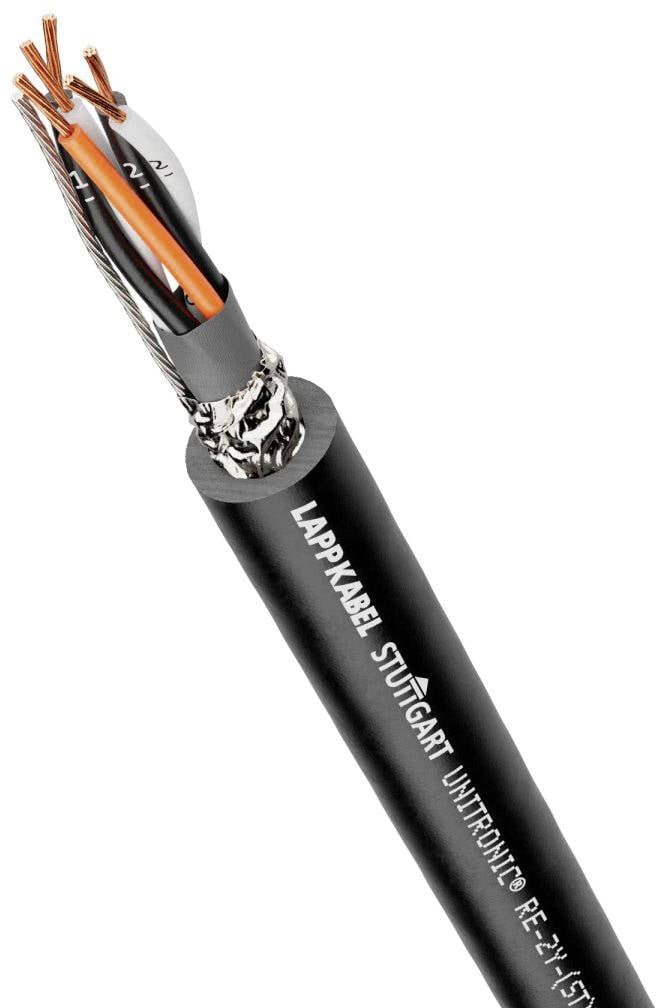 Černý lankový kabel s několika vnitřními měděnými vodiči je zobrazen v detailním záběru. Na kabelu je nápis 'UNITRONIC'.