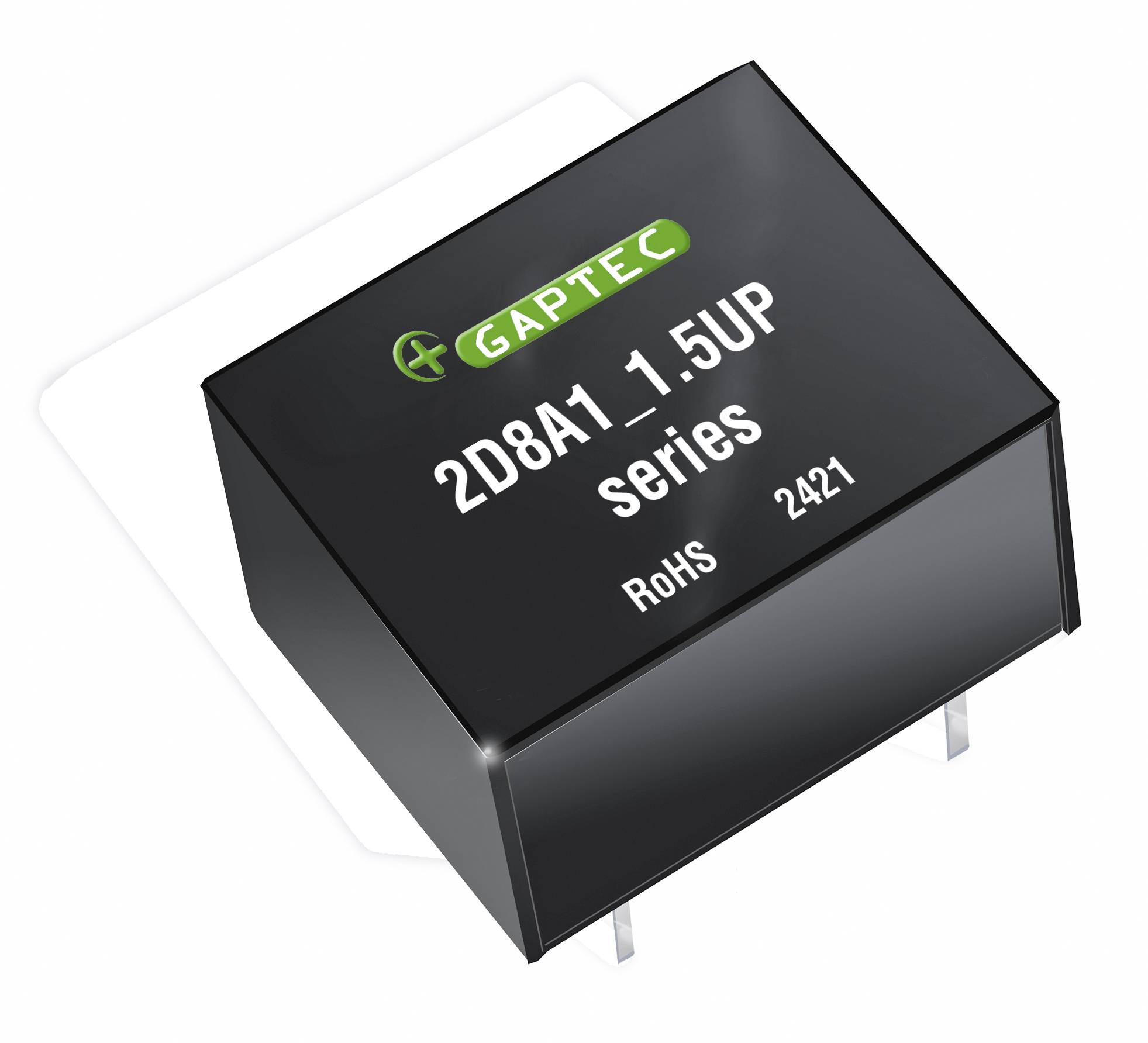 Černá elektronická součástka s nápisem 'GAPTEC 2D8A1 1.5UP series RoHS 2421' zobrazuje název značky a modelové číslo.