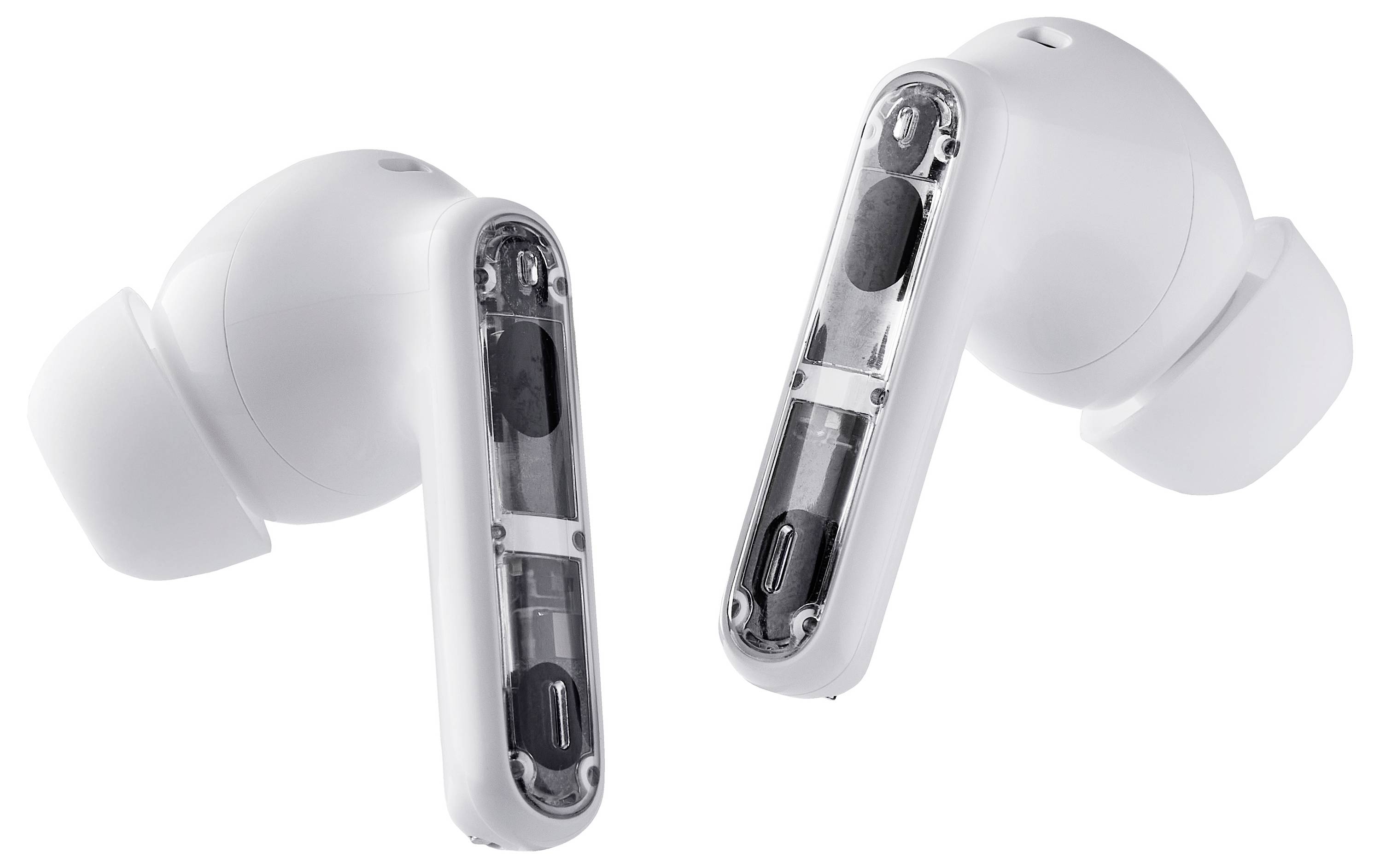 Dva bílé bezdrátové in-ear sluchátka s průhlednými prvky odhalujícími jejich vnitřní strukturu.