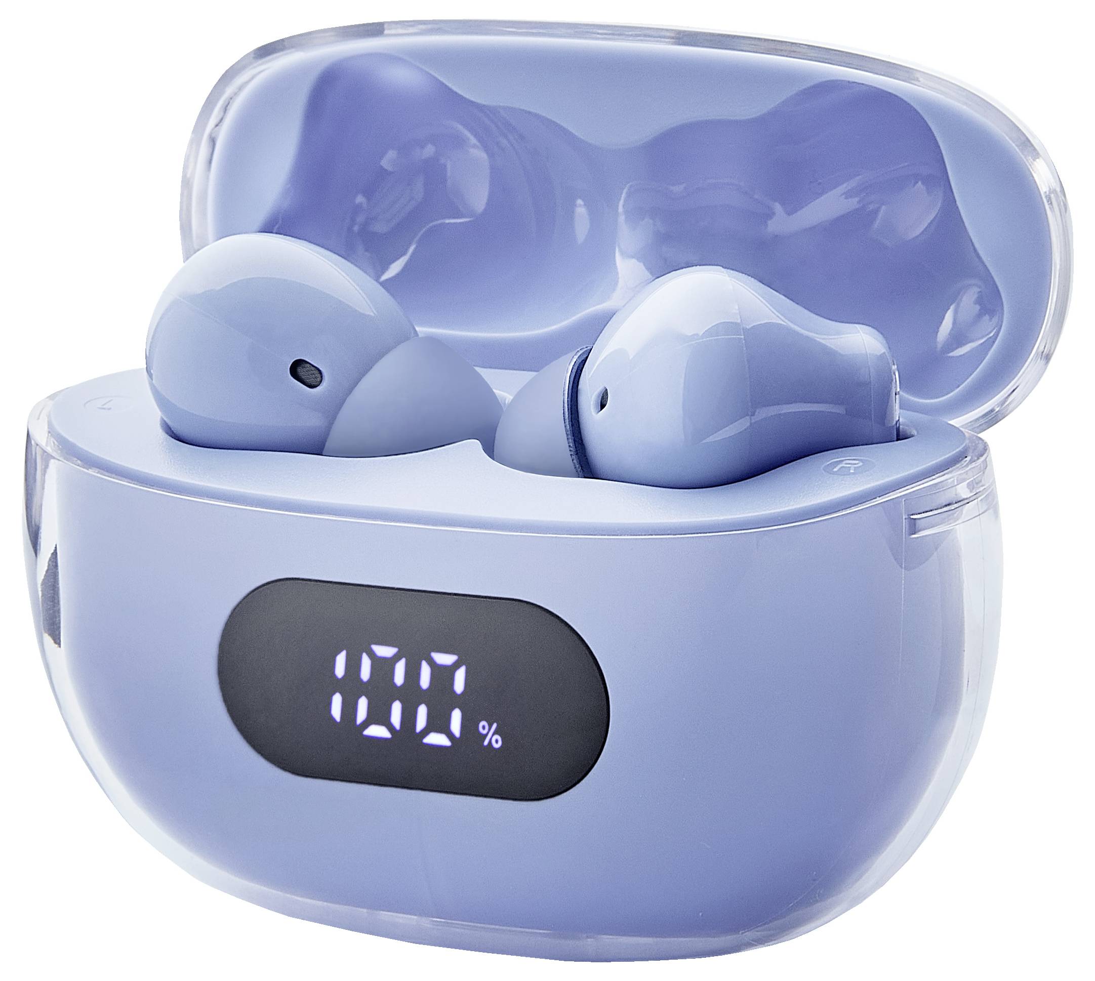 Bezdrátová modrá sluchátka v otevřeném nabíjecím pouzdře s digitálním displejem zobrazujícím '100 %', což naznačuje, že jsou zcela nabitá.