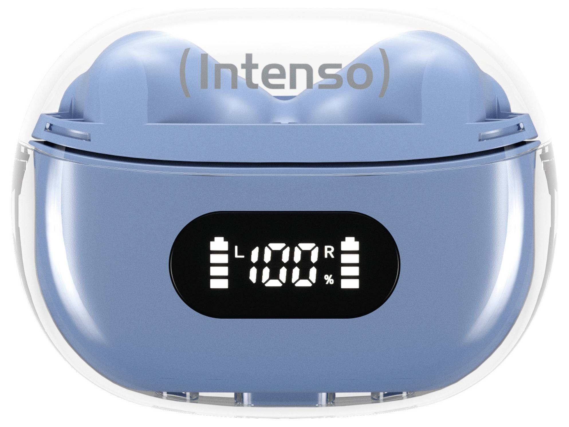 Modrá nabíjecí krabička s integrovaným displejem, který zobrazuje stav nabití obou sluchátek na 100 %.