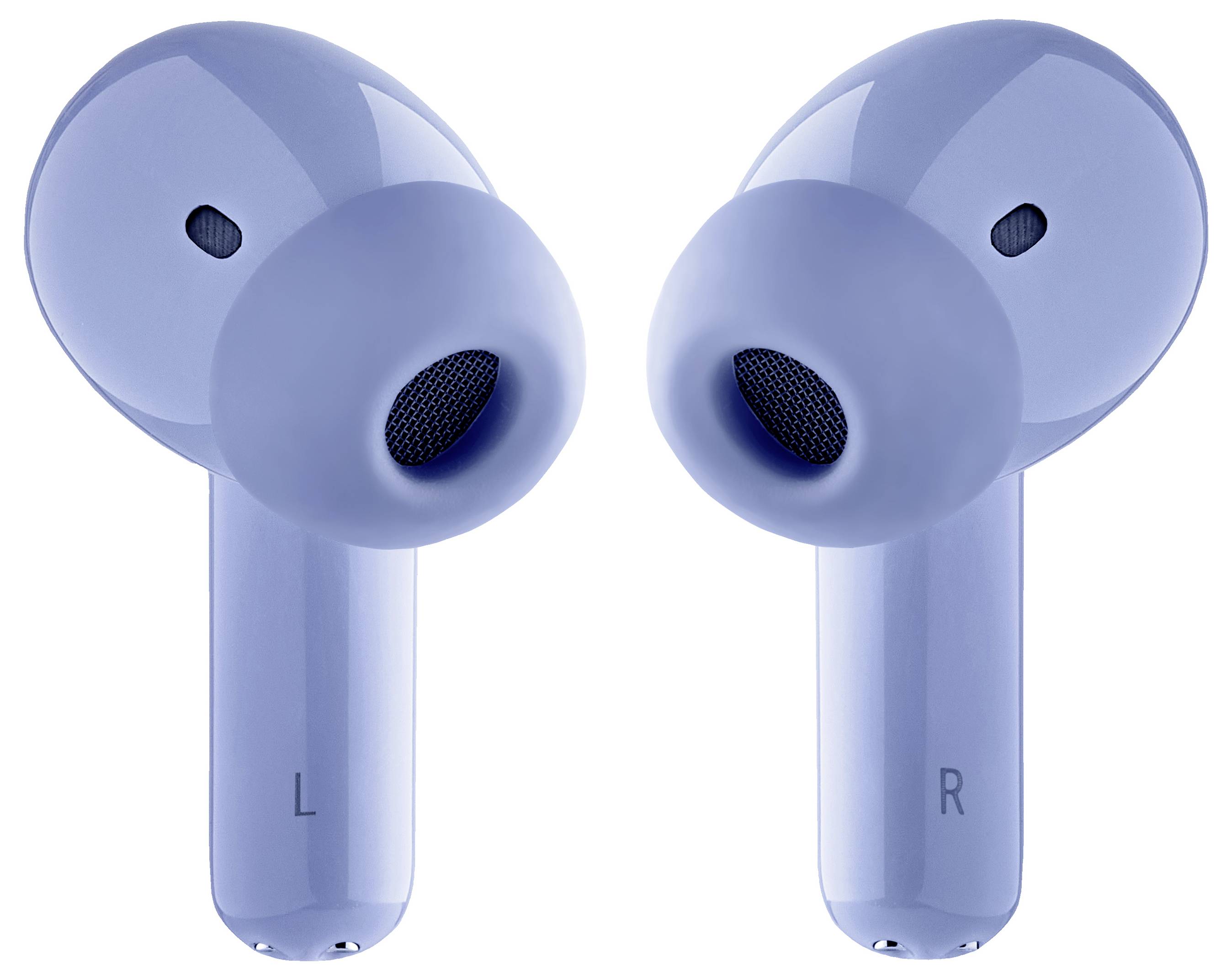 Modré bezdrátové sluchátky v čelním pohledu, každé označené písmeny "L" a "R" pro levou a pravou stranu.
