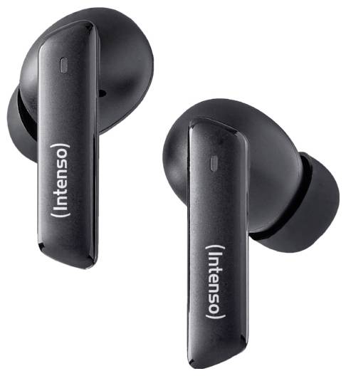 Černá bezdrátová sluchátka s ergonomickým designem, s názvem značky 'Intenso' na zadní straně. Vhodná pro hudbu a hovory.