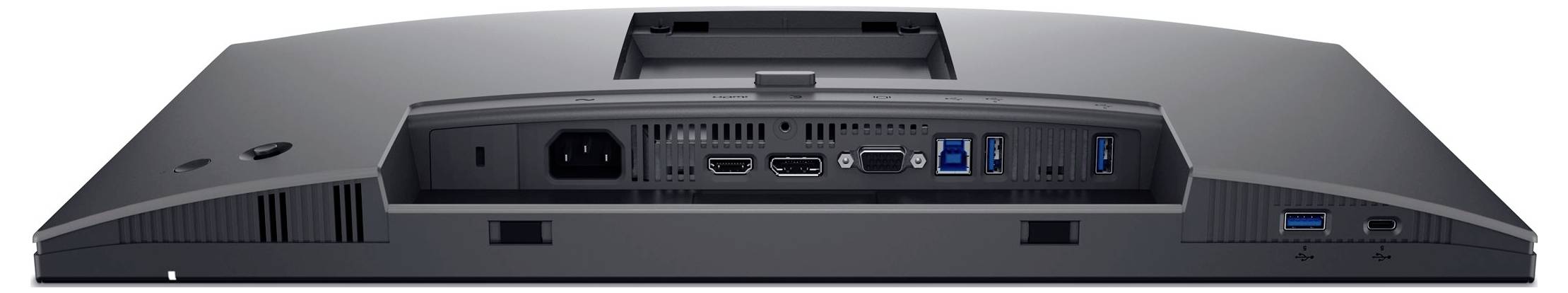 Zadní strana počítačového monitoru s přípojkami: napájení, HDMI, DisplayPort, USB 3.0. Vhodné pro připojení zařízení.