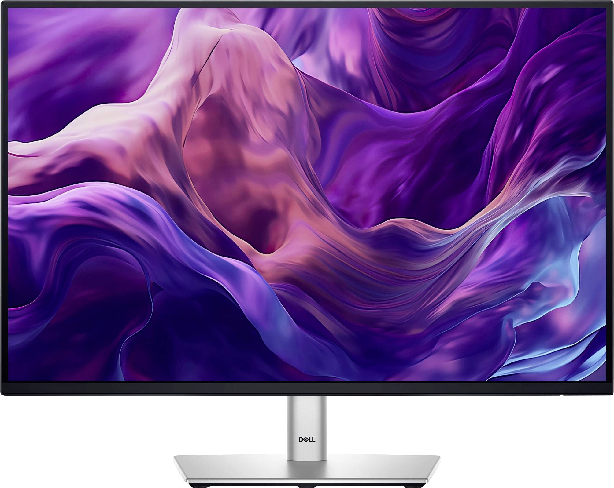Počítačový monitor s abstraktní, vlnovitou grafikou v růžovo-fialovém odstínu na displeji. Monitor má úzký černý rámeček.