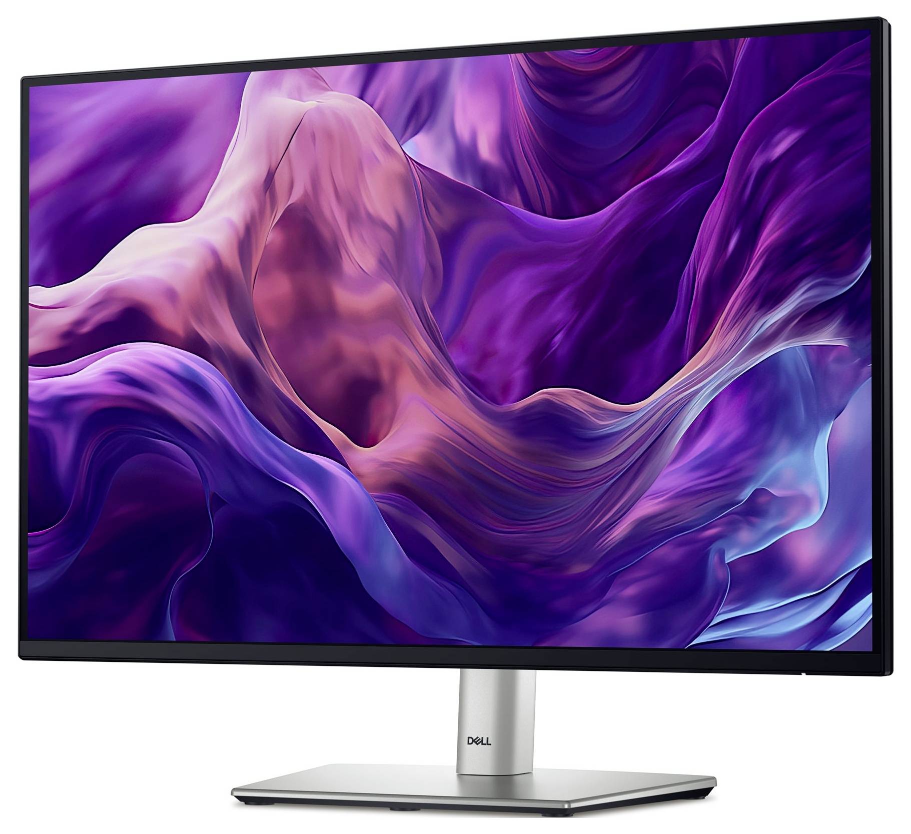 Monitor s barevně živým abstraktním designem na obrazovce. Obraz zobrazuje vlnovité vzory v odstínech fialové a růžové.