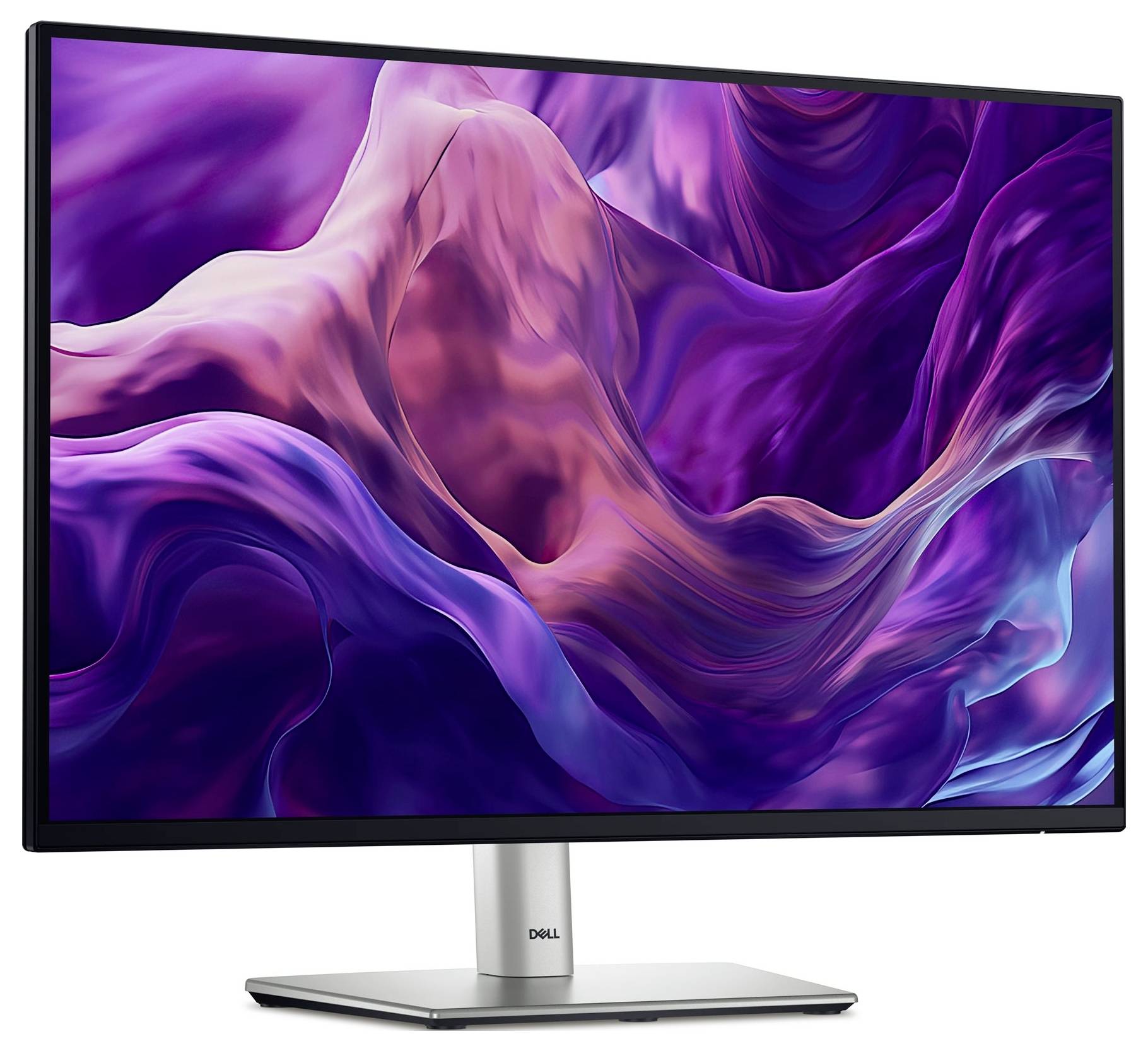 Monitor s abstraktním pozadím v odstínech fialové a růžové, prezentovaný na stříbrném stojanu.