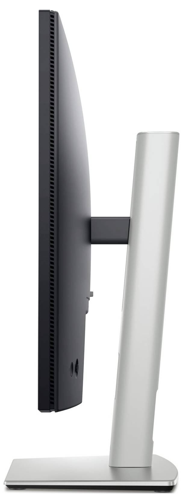 Pohled z boku na moderní počítačový monitor s elegantním stříbrným stojanem.