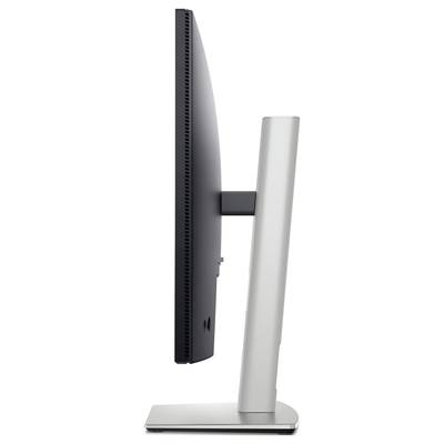 Pohled z boku na moderní počítačový monitor s elegantním stříbrným stojanem.
