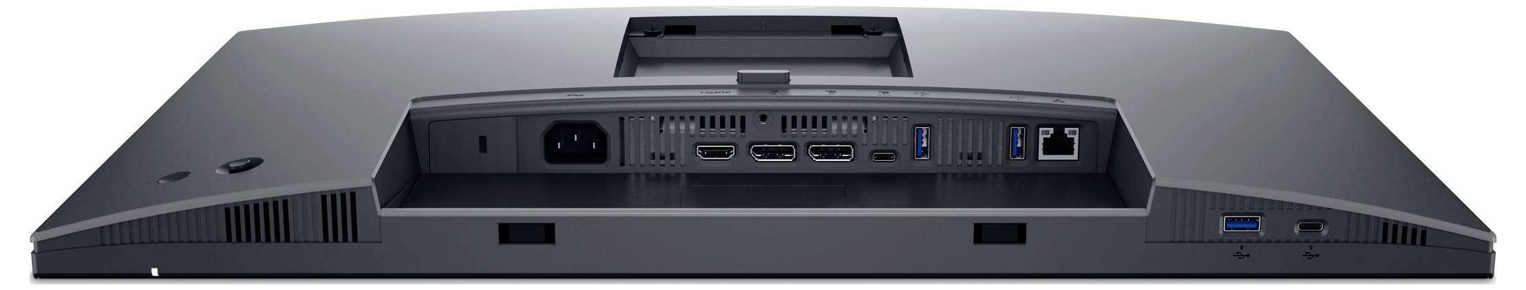 Zadní strana monitoru s několika konektory: napájecí konektor, HDMI, DisplayPort, USB porty a ethernetový port.