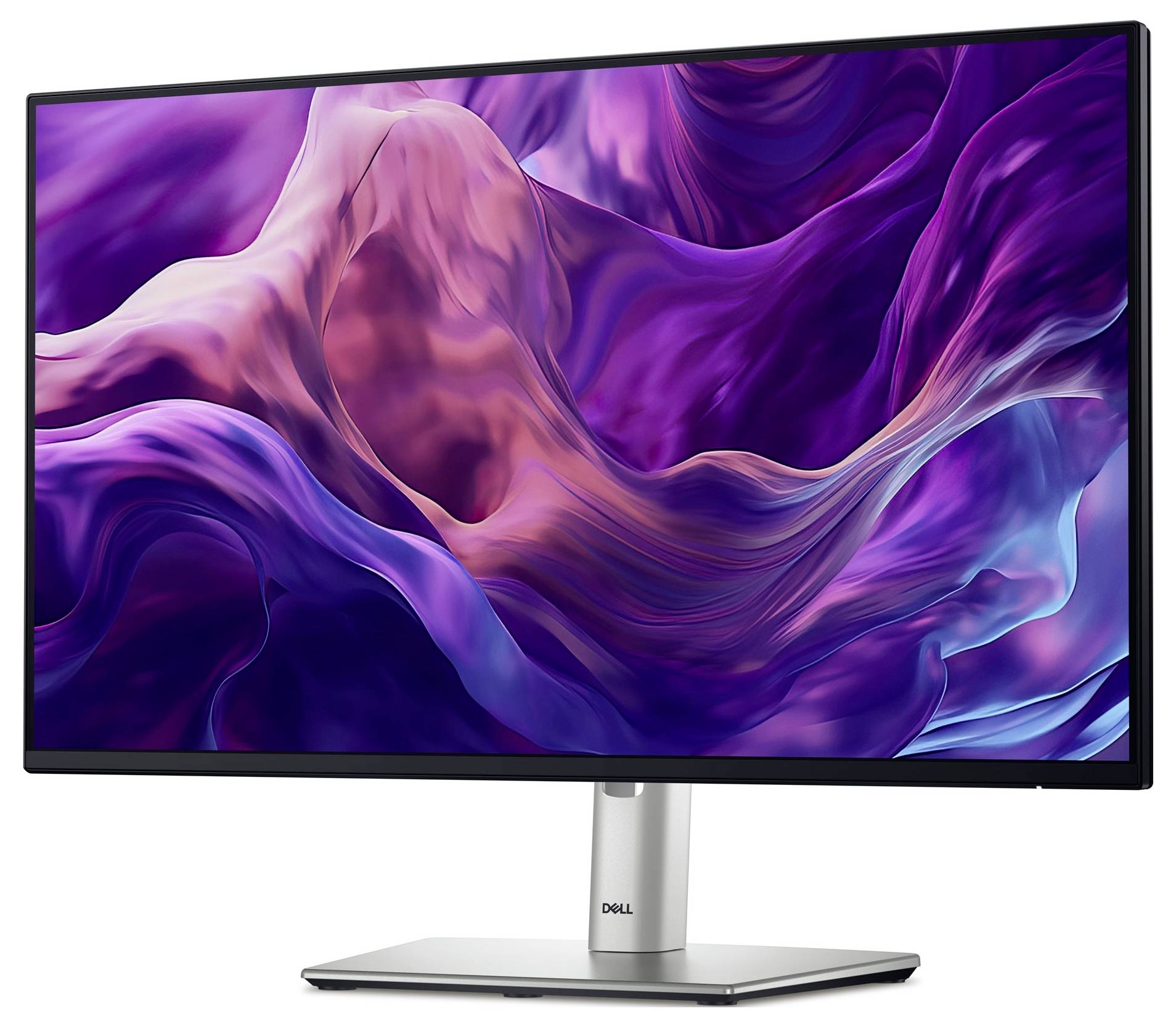 Plochý počítačový monitor s abstraktním, vícebarevným pozadím v růžových a fialových tónech. Ideální pro kreativní vizuální práce.