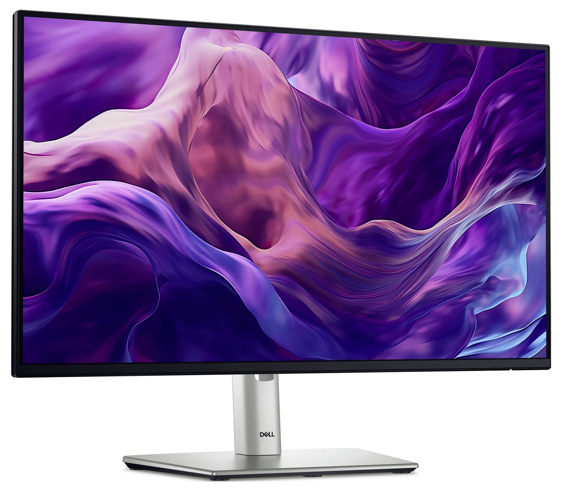 Monitor Dell s barevným abstraktním pozadím v odstínech fialové a růžové.