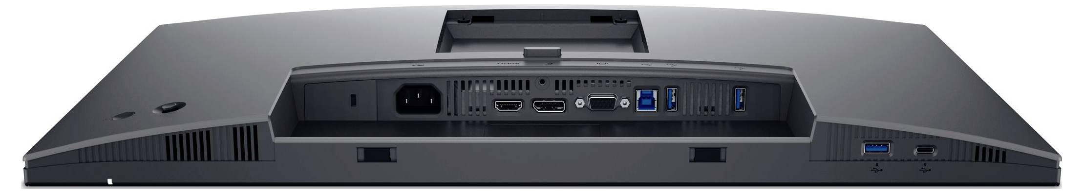 Zadní pohled na monitor s několika porty: HDMI, DisplayPort, USB a napájecí konektor.