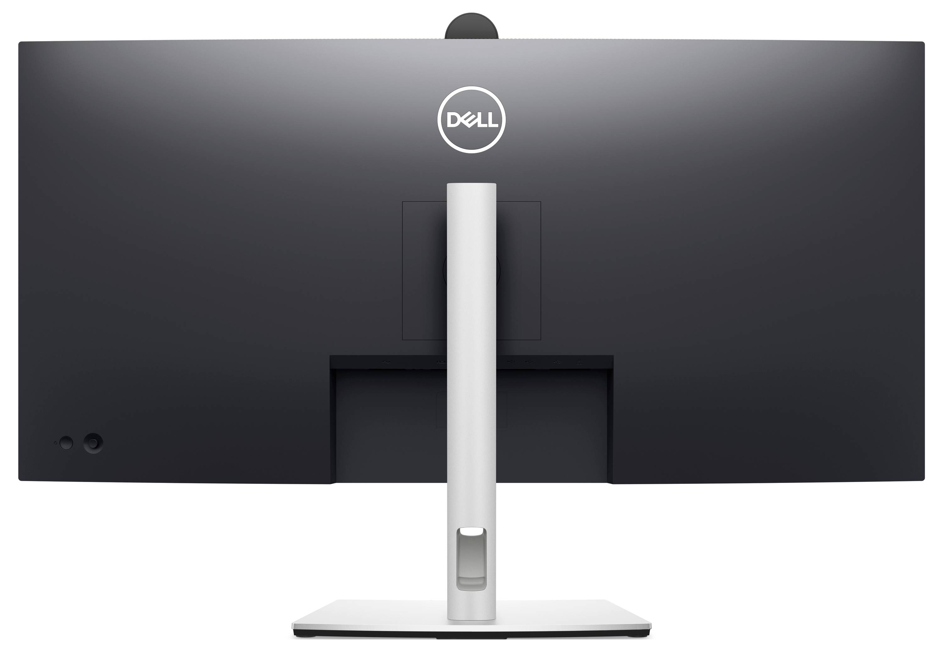 Dell monitor zezadu, černý s stříbrným stojanem, ukazuje jednoduché, moderní designové řešení bez viditelných kabelů.