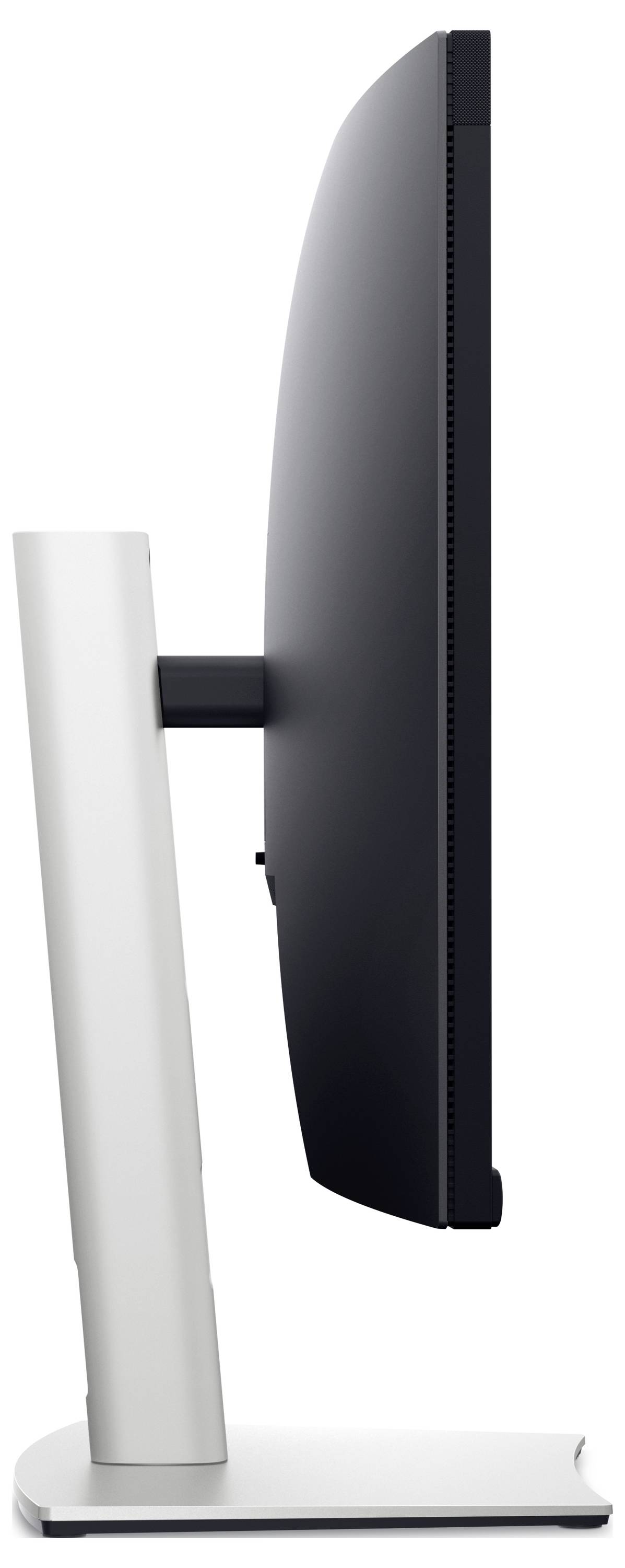 Štíhlý počítačový monitor pohledem z boku, umístěný na stabilním stojanu.