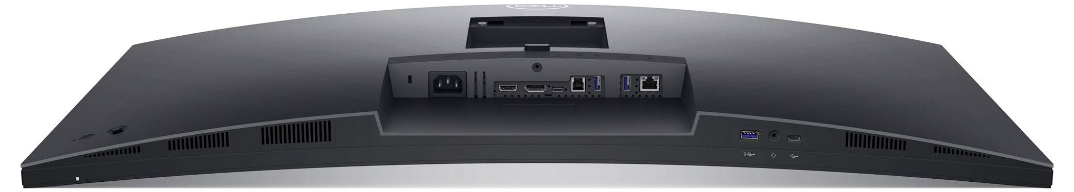 Pohled zezadu na zakřivený monitor s několika připojovacími porty, včetně HDMI, DisplayPort a USB.