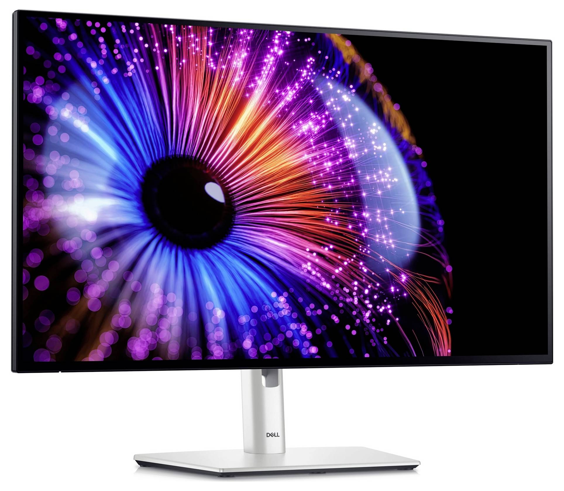 Monitor Dell zobrazuje barevný obraz s abstraktním, duhovému vzoru podobným motivem složeným z jasných linií a bodů.