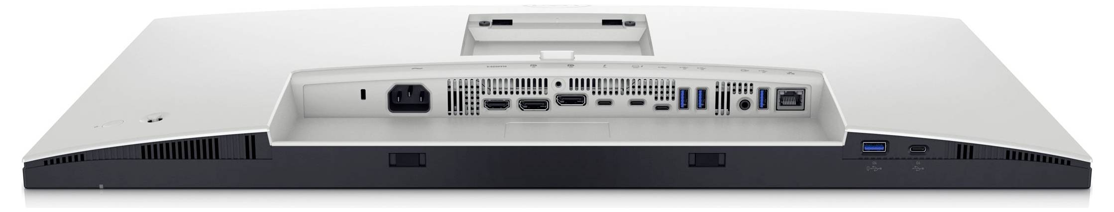 Zadní strana počítačového monitoru s několika konektory, včetně HDMI, DisplayPort, USB a napájecího vstupu.
