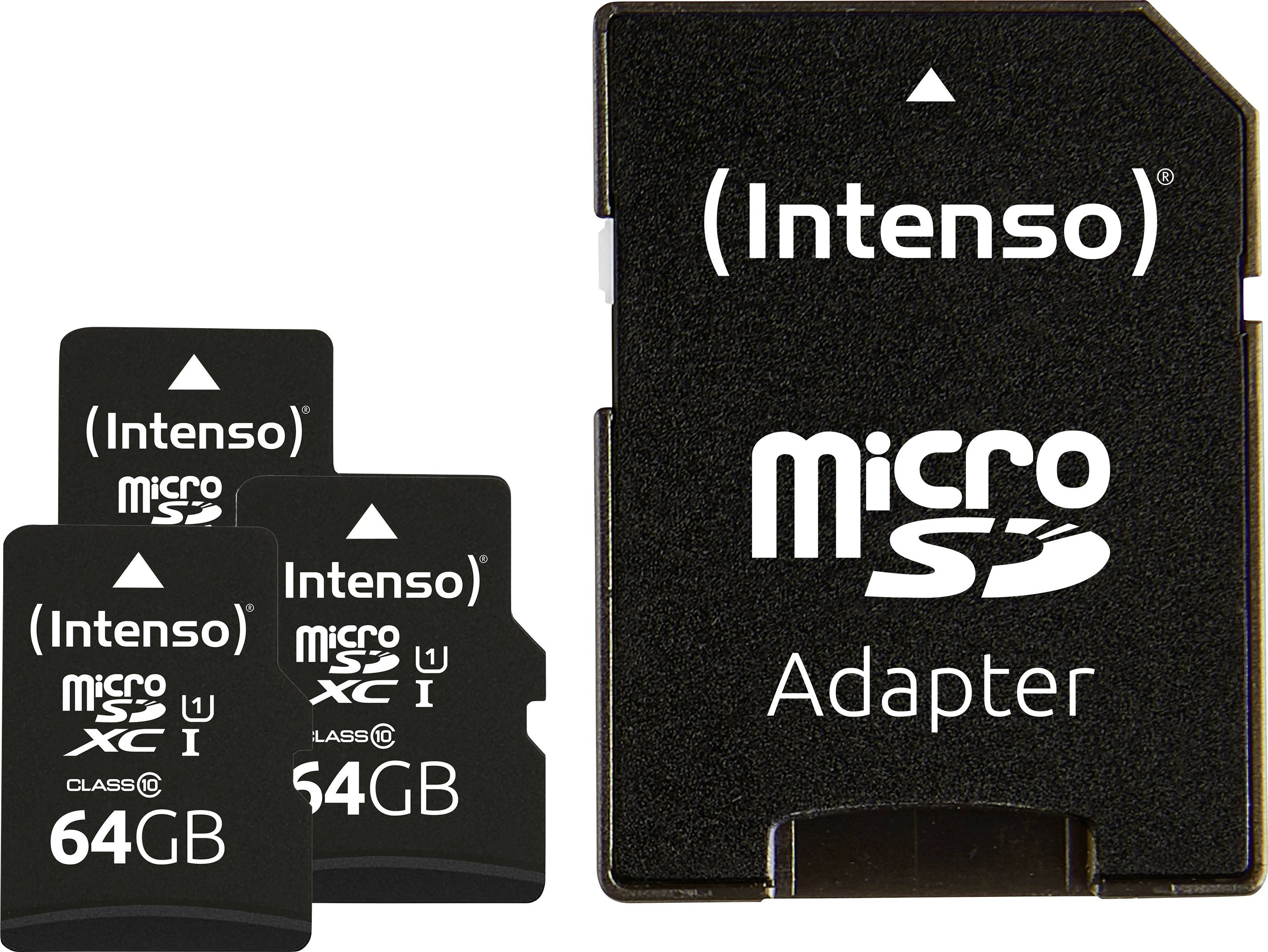 Tři mikro SD karty Intenso (64GB), jedna v adaptéru.