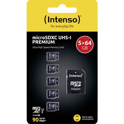 Intenso microSDXC UHS-I PREMIUM 5x 64 GB paměťových karet s adaptérem. Třída 10, až 90 MB/s. Vhodné pro tablety a smartphony. Balení v žluté a černé barvě.