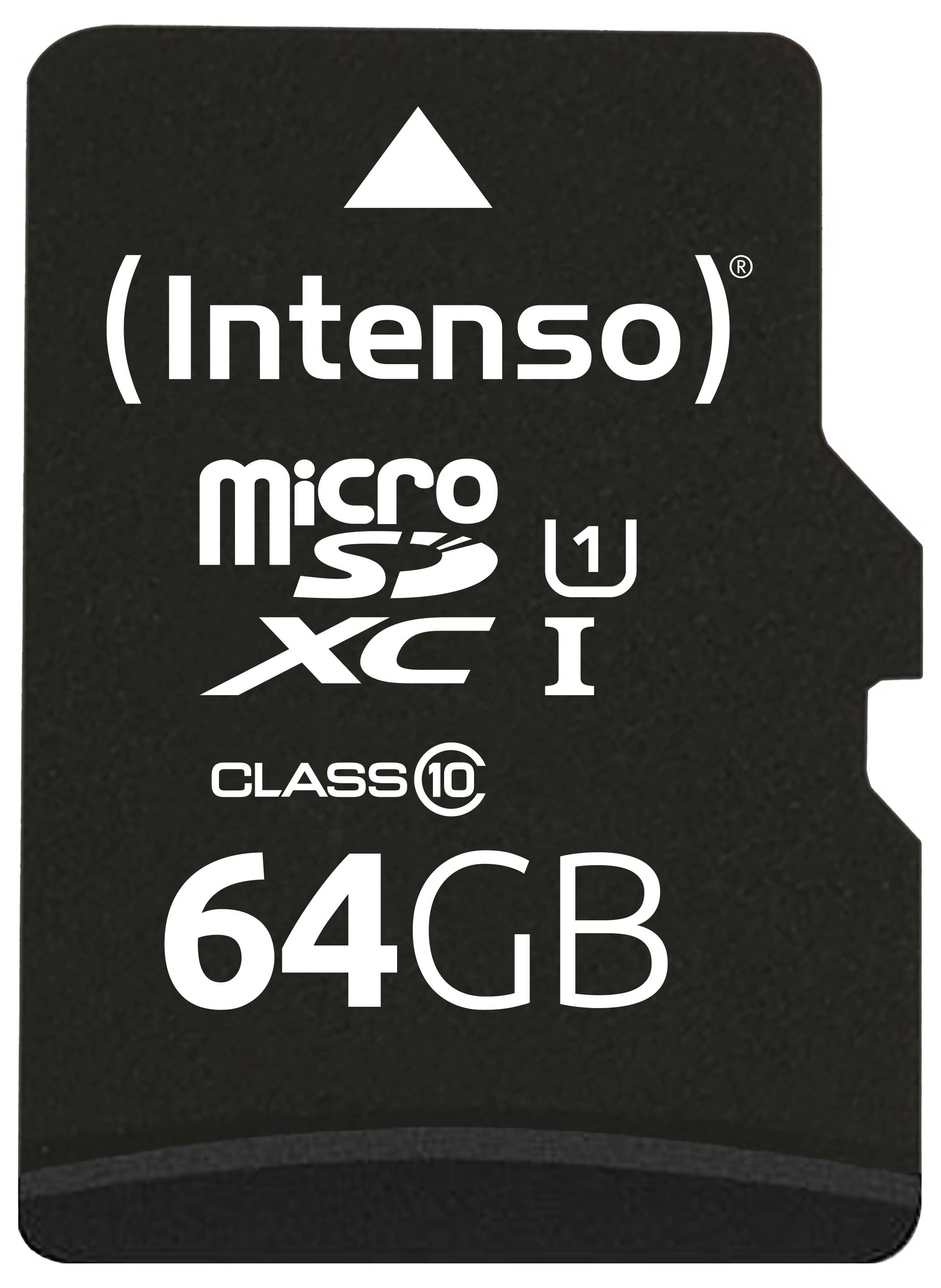 Intenso microSDXC paměťová karta, U1, Class 10, 64GB kapacita.