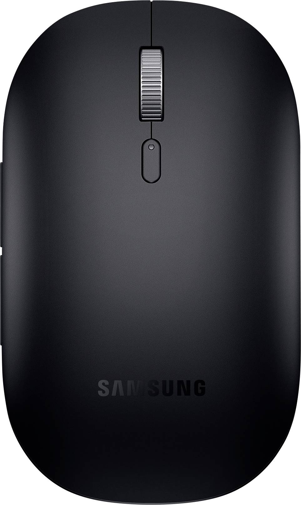 Černá bezdrátová počítačová myš Samsung s kolečkem pro scrollování, jednoduchým designem a logem.