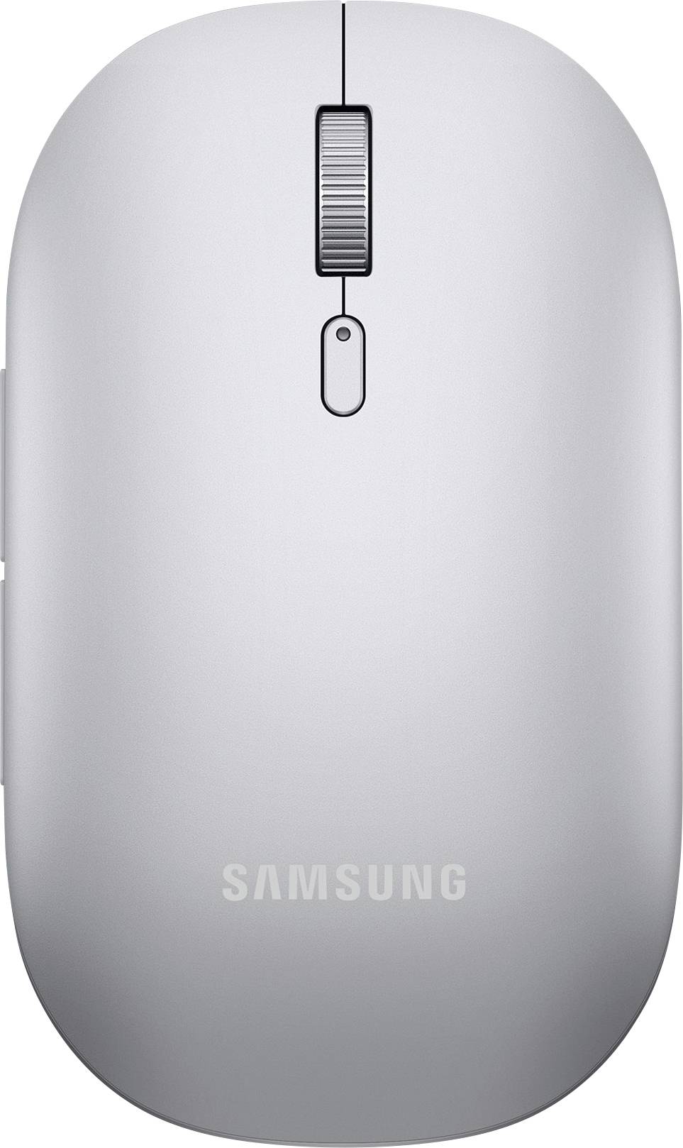 Pohled shora na stříbrnou bezdrátovou počítačovou myš Samsung s rolovacím kolečkem. Design je minimalistický a bez kabelů pro snadné používání.