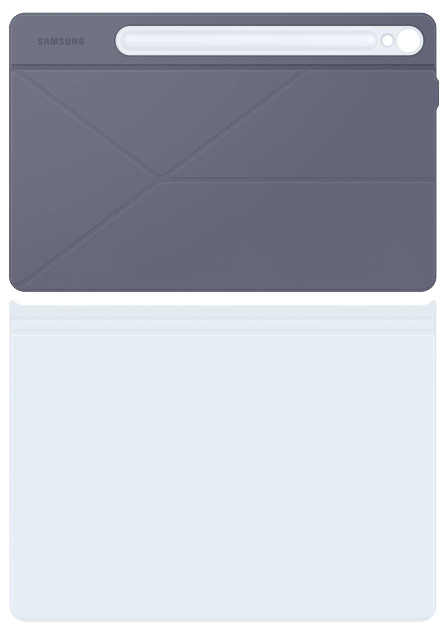 Zadní strana tabletu v tmavém, minimalistickém designu s kamerovým modulem a firemním logem, zobrazená před světlým pozadím.
