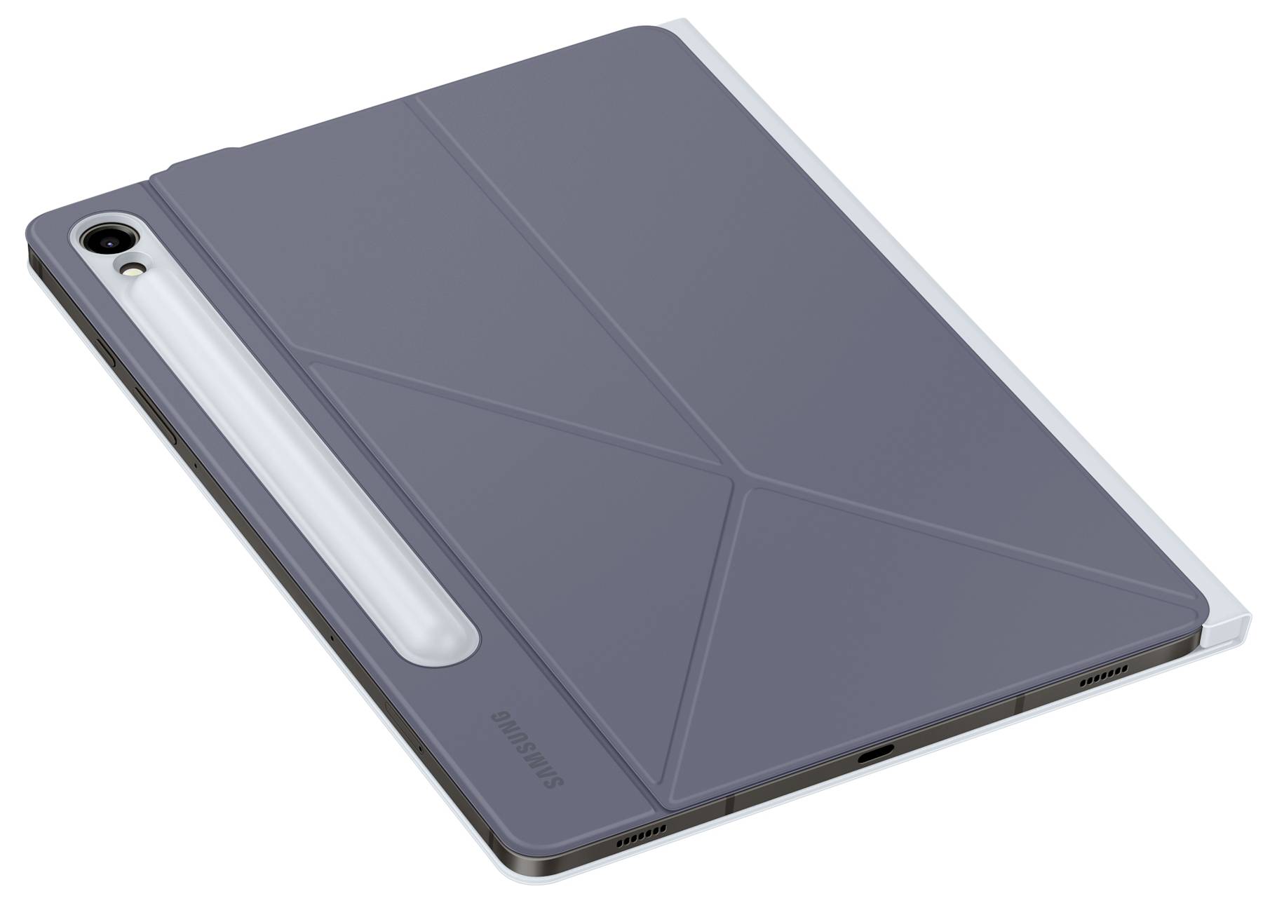 Šedý obal na tablet s geometrickým vzorem a výřezem pro kameru, zobrazující zadní stranu tabletu.