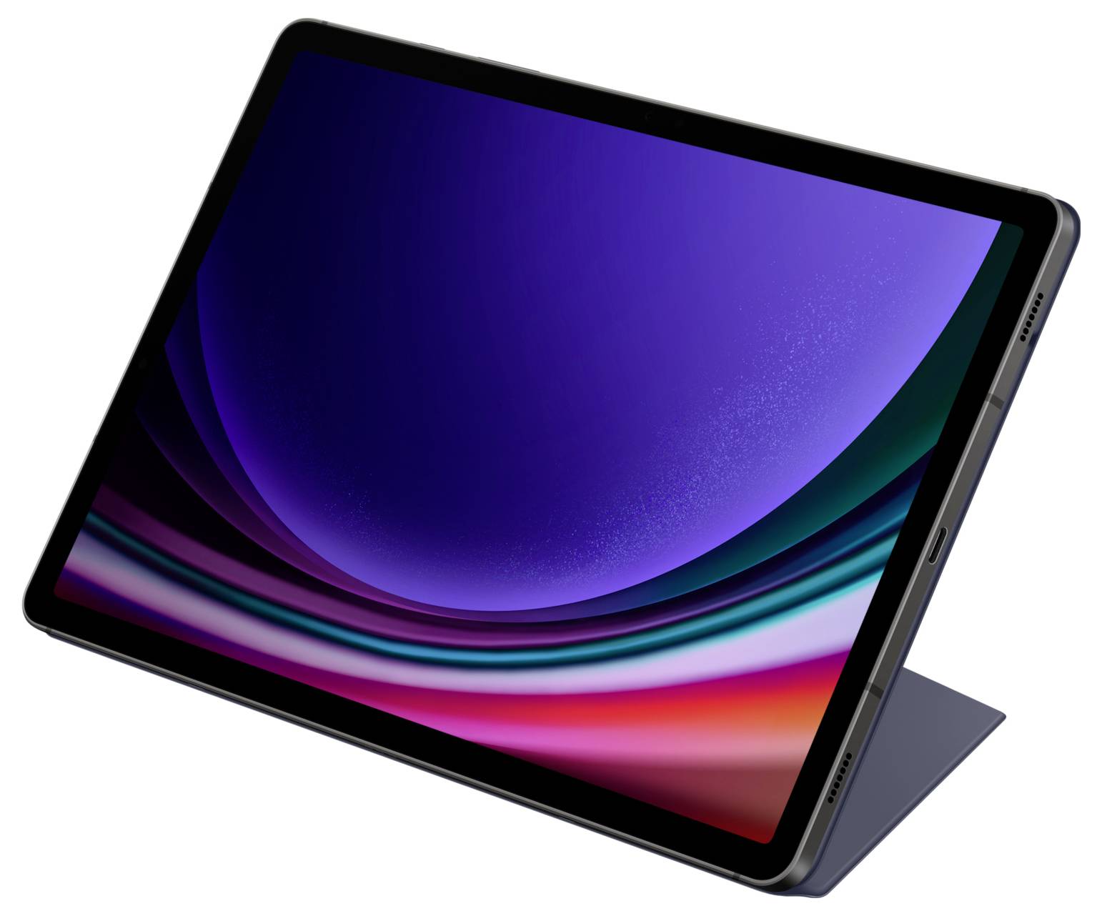 Moderní tablet s odnímatelnou klávesnicí stojí v úhlu. Na obrazovce jsou barevné, zvlněné čáry na tmavém pozadí.