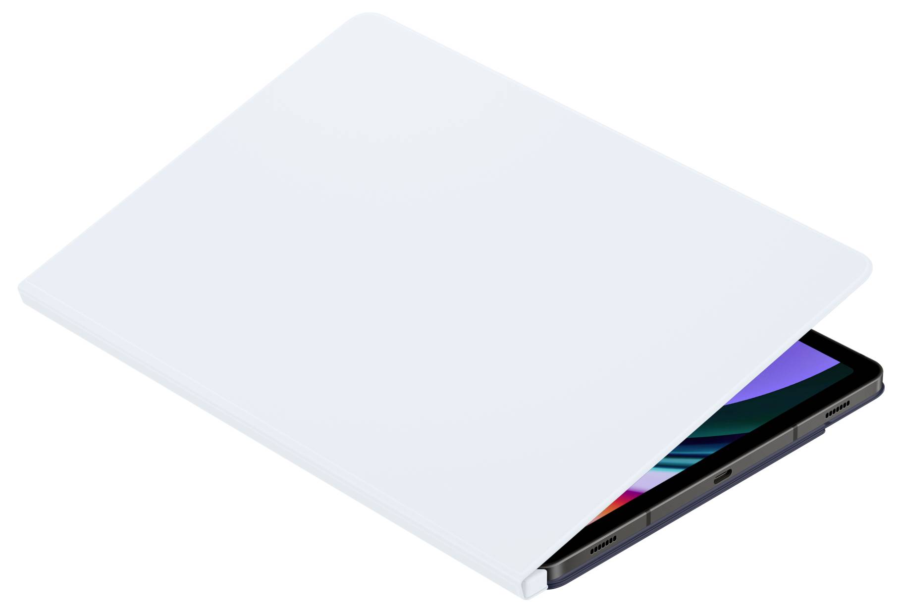 Částečně otevřený notebook s jasným displejem je z části zakryt bílým krytem.
