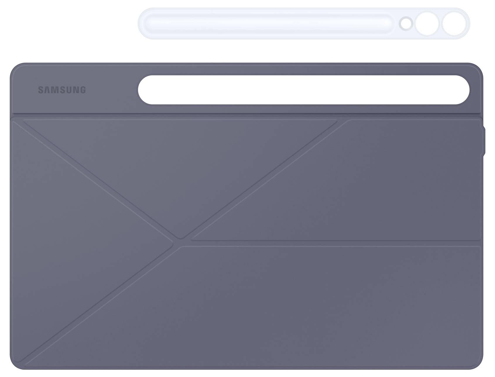 Tmavě šedý ochranný kryt pro tablet s diagonálním designem a úložištěm pro stylus, kompatibilní se zařízeními Samsung.