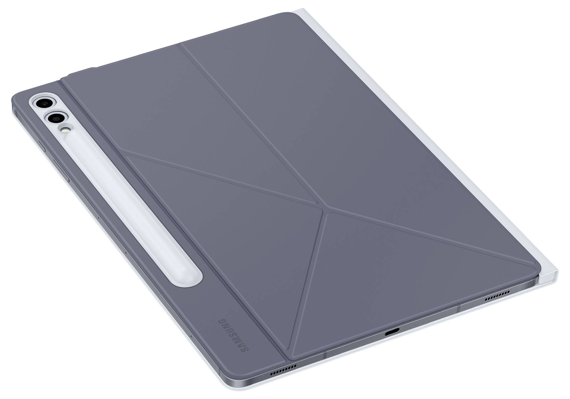 Tablet s obalem v tmavě šedé barvě, umístěné horizontálně. Vlevo je viditelná kamera se dvěma čočkami.
