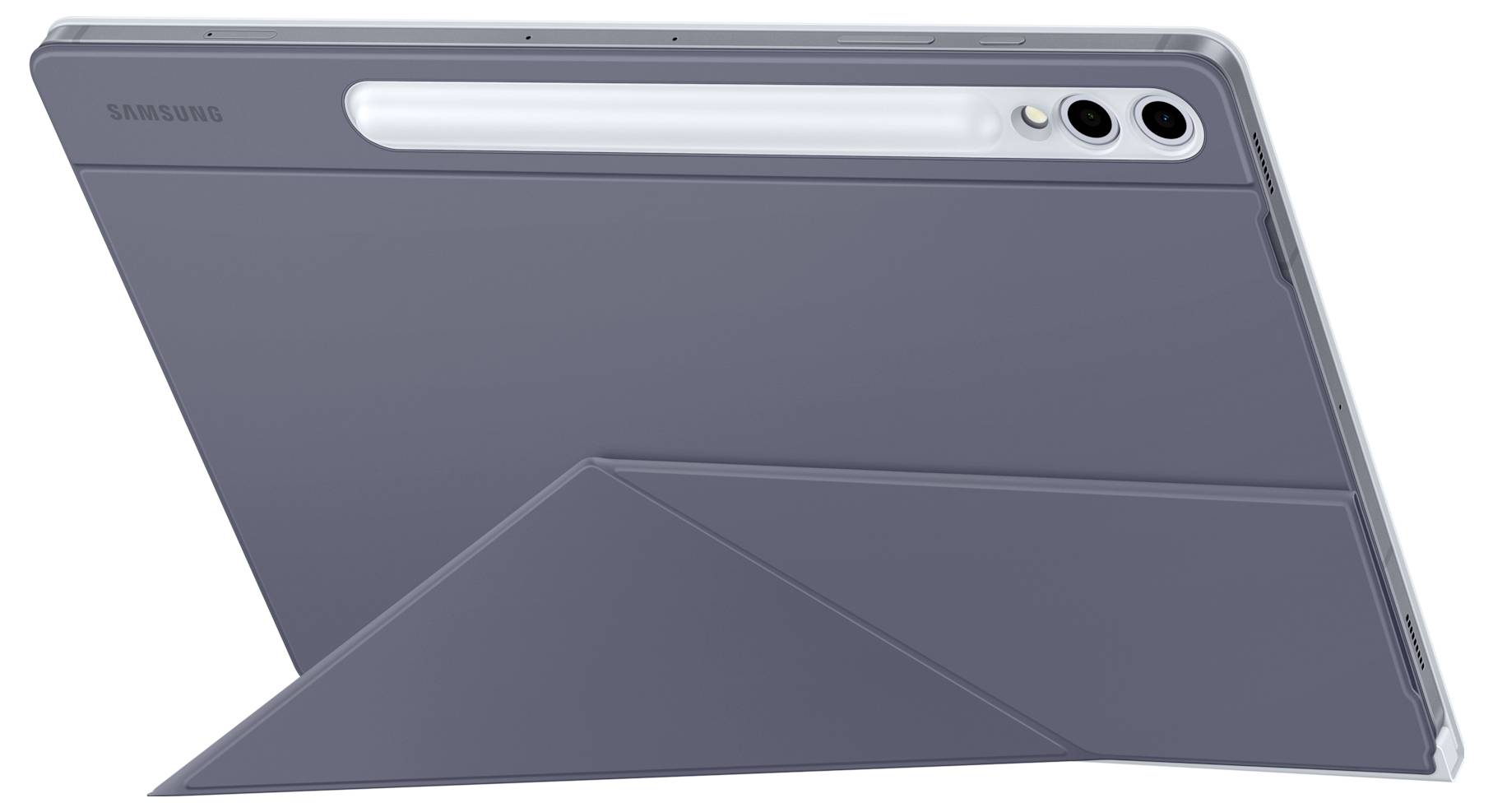 Tablet s ochranným krytem, postavené ve stojanové poloze. Na zadní straně dvě objektivy fotoaparátu a bílá plocha.