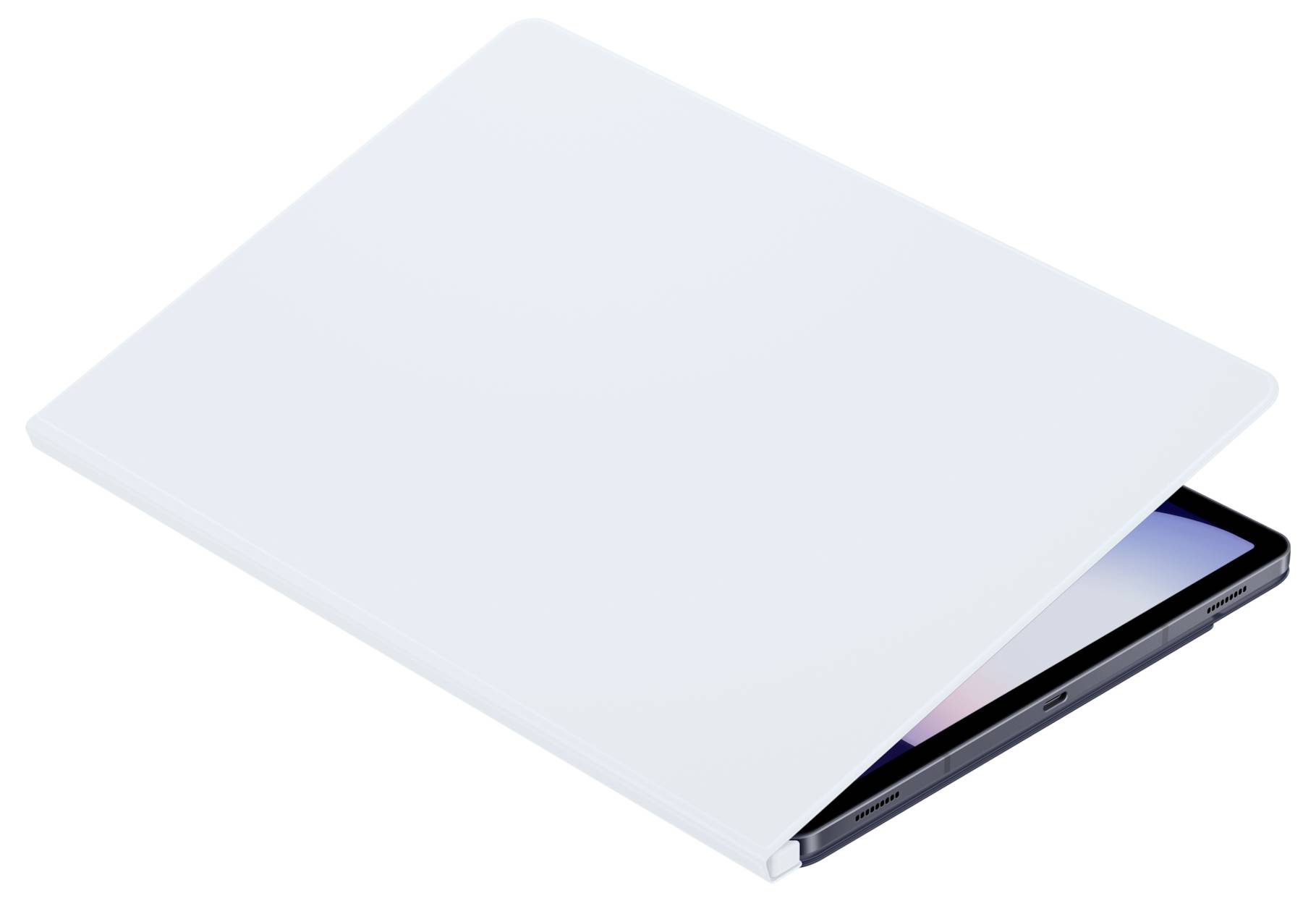 Notebook z části otevřený, zobrazený shora, ukazuje obrazovku. Na displeji jsou viditelné barvy od modré po růžovou.