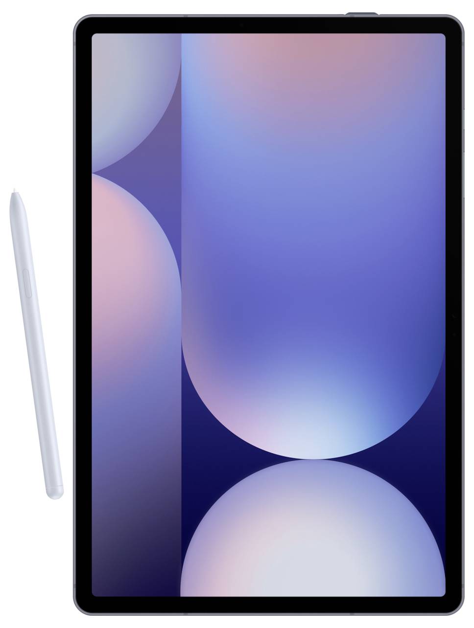 Tablet s perem, na obrazovce je modro-fialový geometrický vzor.