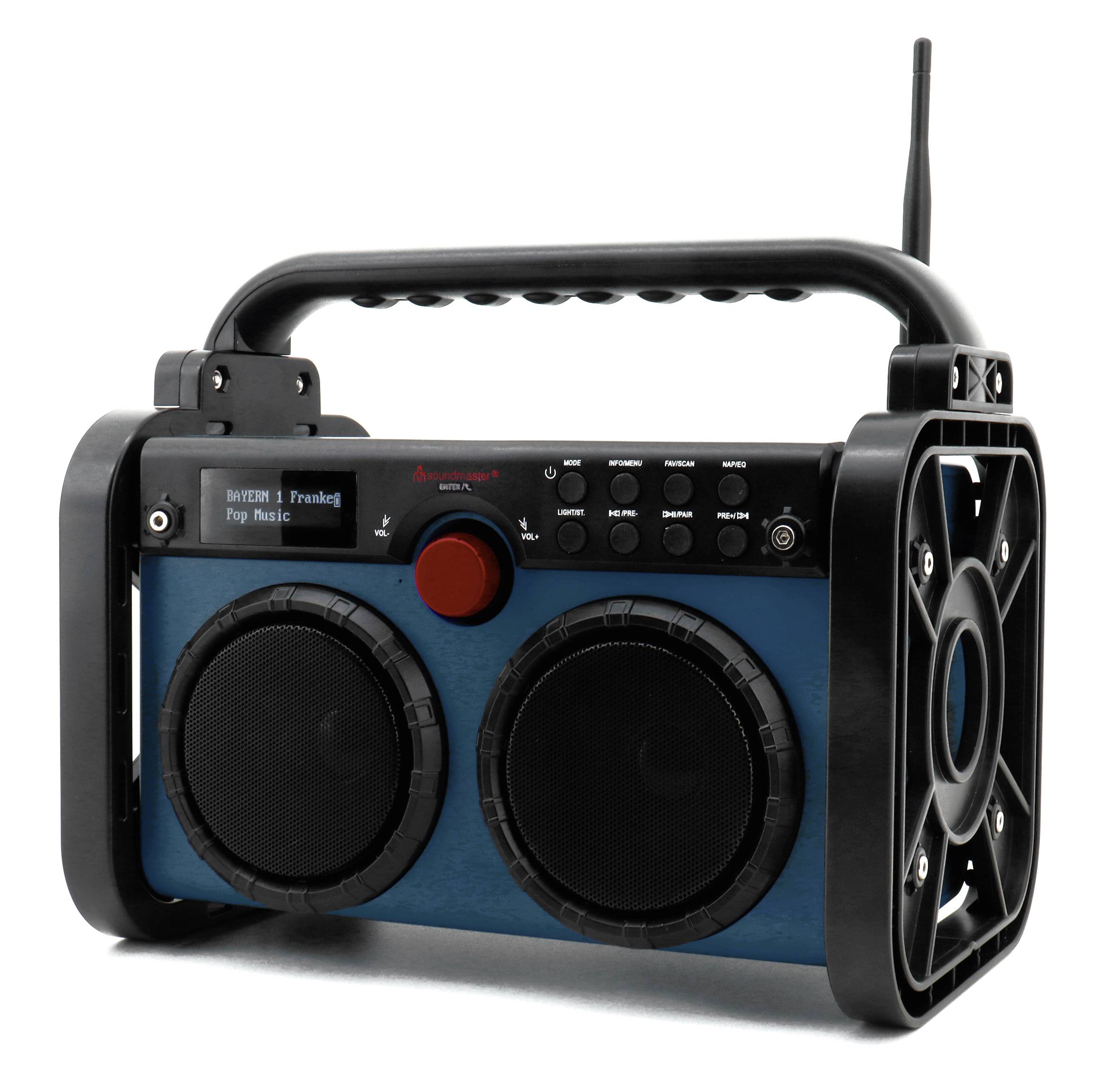 Přenosné rádio se dvěma reproduktory, ovládacími prvky a anténou. Display zobrazuje frekvenci '87,6' a 'Pop Music'. Černé tělo s modrým panelem.